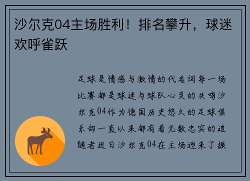 沙尔克04主场胜利！排名攀升，球迷欢呼雀跃